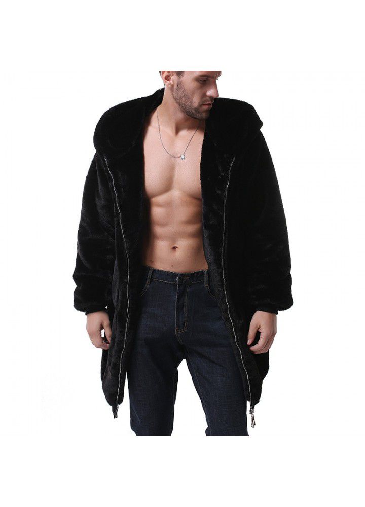 Cross border wish foreign trade new men's mid long Plush coat fashion men's hooded Plush windbreaker coat