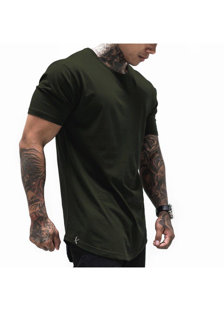 Foreign trade cotton large size muscle short sleeve men's smooth plate round neck sports European and American T-shirt arc hem fitness clothes