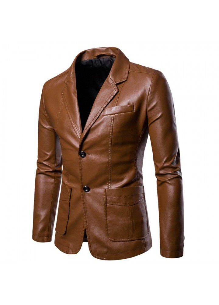 Foreign trade Amazon new men's slim Lapel versatile Pu Blazer men's Lapel leather suit men's coat