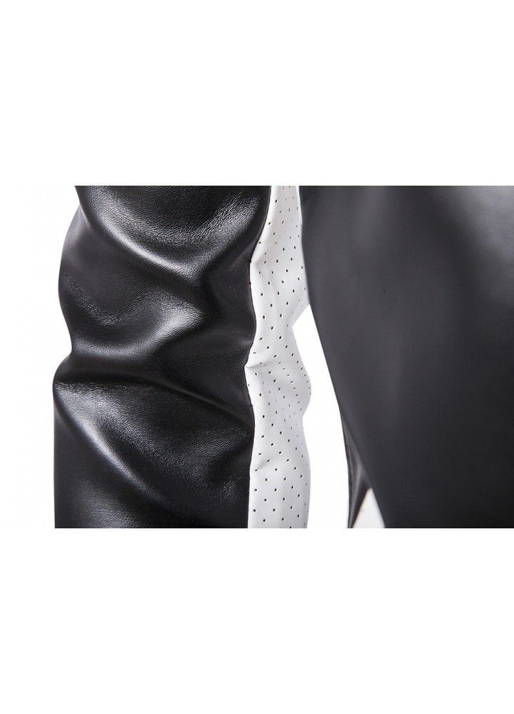 Foreign trade wholesale fall 2018 men's stand collar leather trend black and white color matching oversize leather coat men's wear