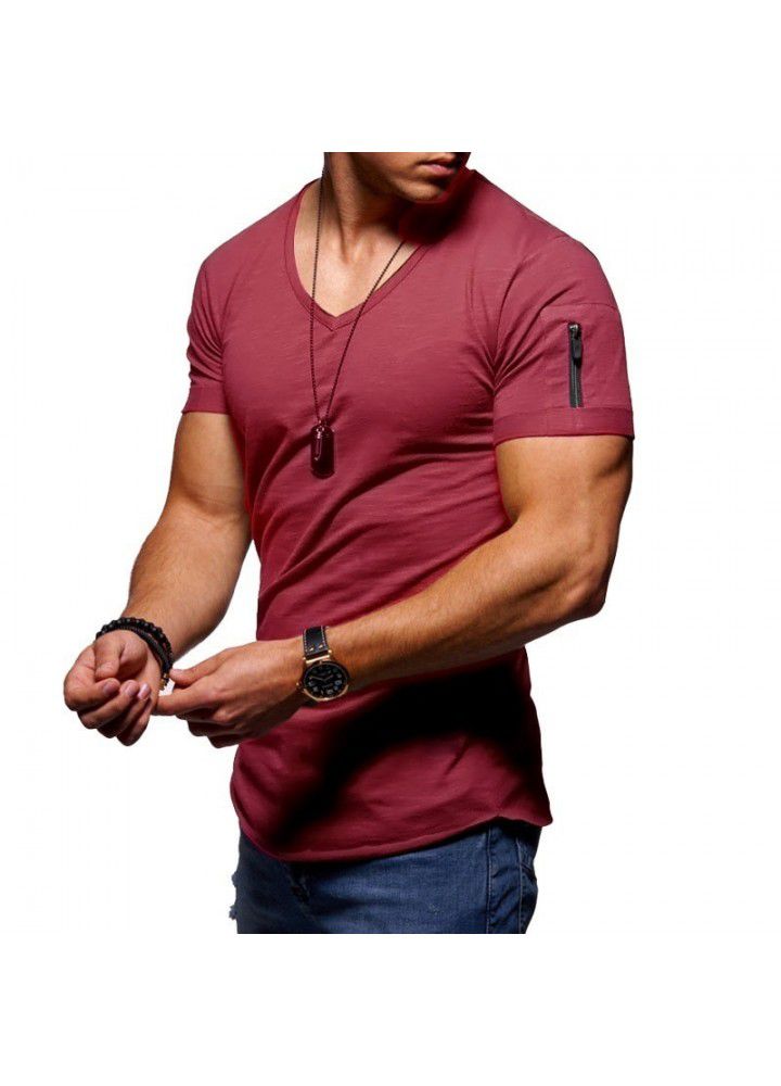 2019 Amazon new large men's short sleeve European and American V-neck t-shirt men's solid color slim bottomed shirt