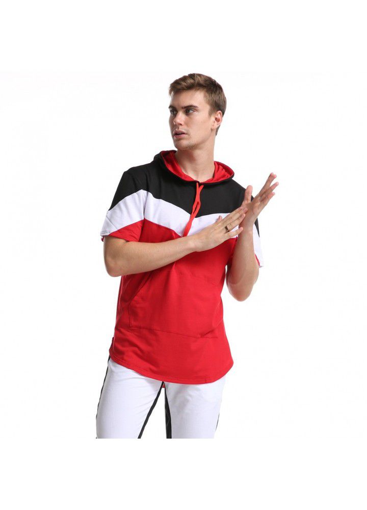 Cross border hot spring men's wear Europe and America color matching men's T-shirt three color stitching hooded short sleeve base shirt in 2020