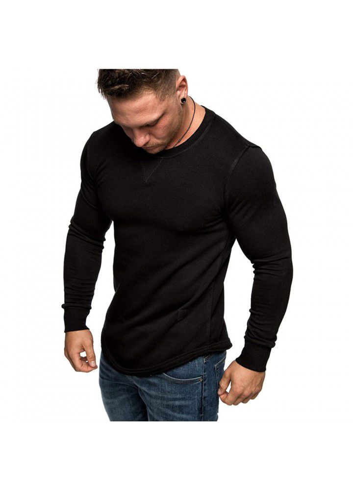 2020 foreign trade men's solid color round neck long sleeve T-shirt splicing personality European and American style long T-shirt European and American size casual wear