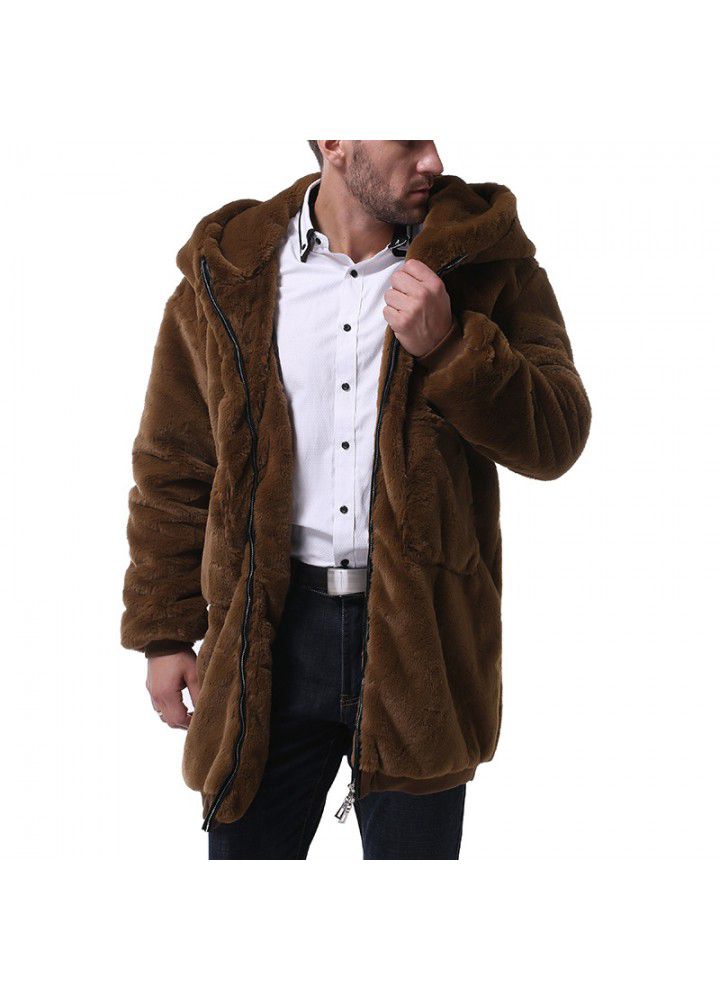 Cross border wish foreign trade new men's mid long Plush coat fashion men's hooded Plush windbreaker coat