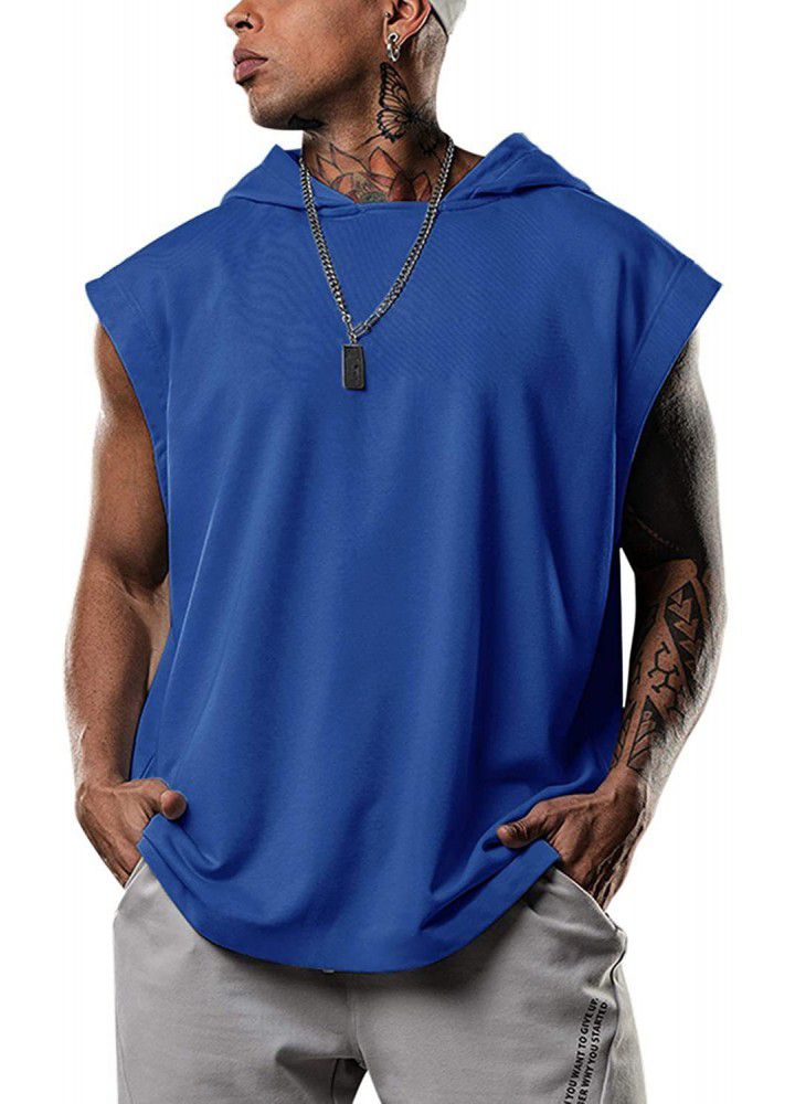 2021 summer men's fitness training Pullover sports leisure European and American fashion sleeve Hooded Vest loose solid color vest