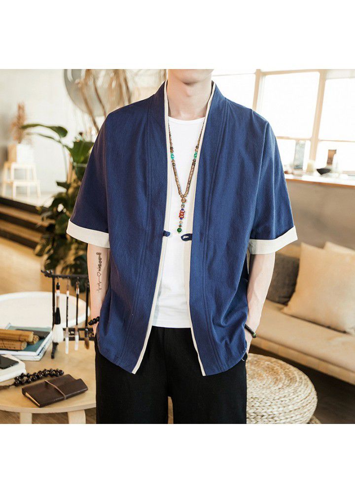 Foreign trade Amazon Chinese style coat 5-sleeve men's Tang suit retro button cardigan kimono ancient Zen suit
