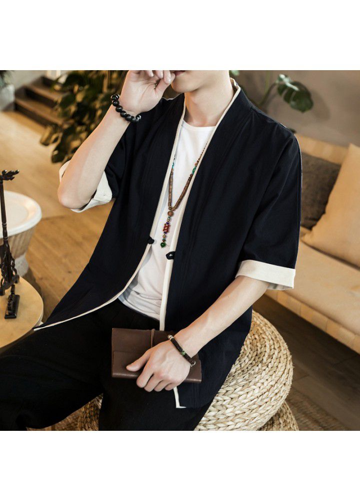 Foreign trade Amazon Chinese style coat 5-sleeve men's Tang suit retro button cardigan kimono ancient Zen suit