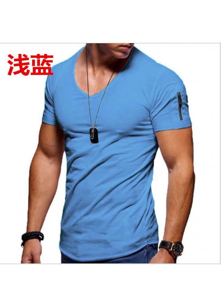 2019 Amazon new large men's short sleeve European and American V-neck t-shirt men's solid color slim bottomed shirt