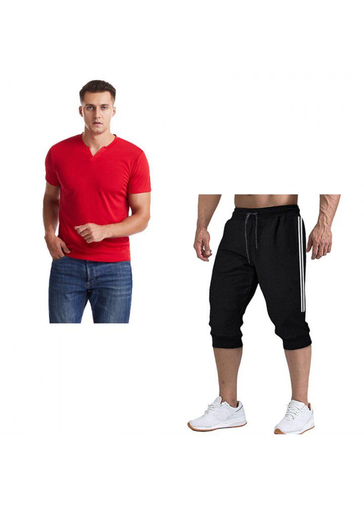 2020 summer cross border foreign trade men's V-neck slim short sleeve T-shirt color matching 7-point pants suit 