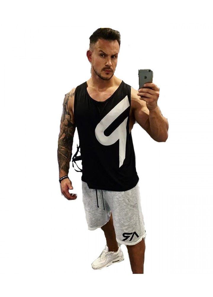 Cross border foreign trade new men's fitness back sweat absorbing breathable quick drying vest sleeveless T-shirt r printed fitness clothes