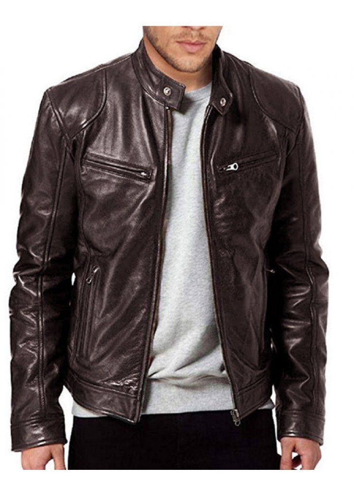 Foreign trade winter business gentleman zipper cardigan pocket decoration PU leather collar slim leather jacket