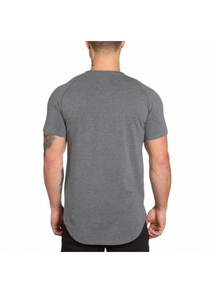 Foreign trade solid color blank fitness men's long breathable sports T-shirt fashionable men's slim summer fitness short sleeve men's
