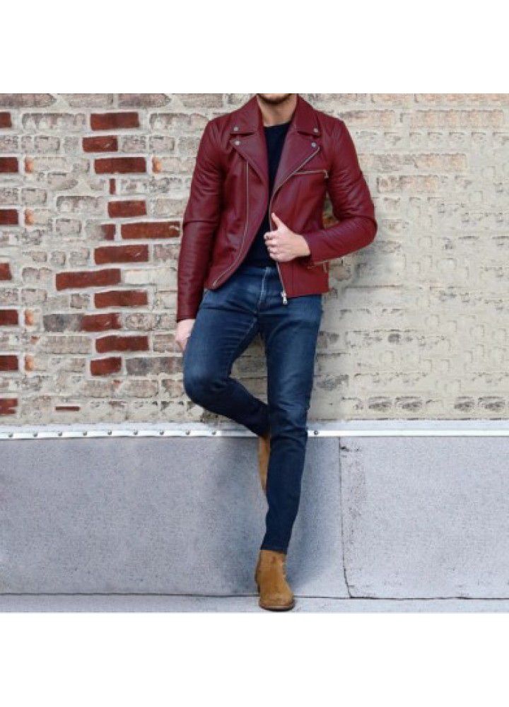 Wish foreign trade men's leather jacket European and American leather jacket lapel PU leather short casual men's fashion Motorcycle Jacket