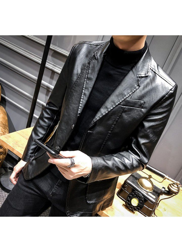 2019 spring new suit collar PU leather suit men's slim Lapel casual suit coat leather jacket men