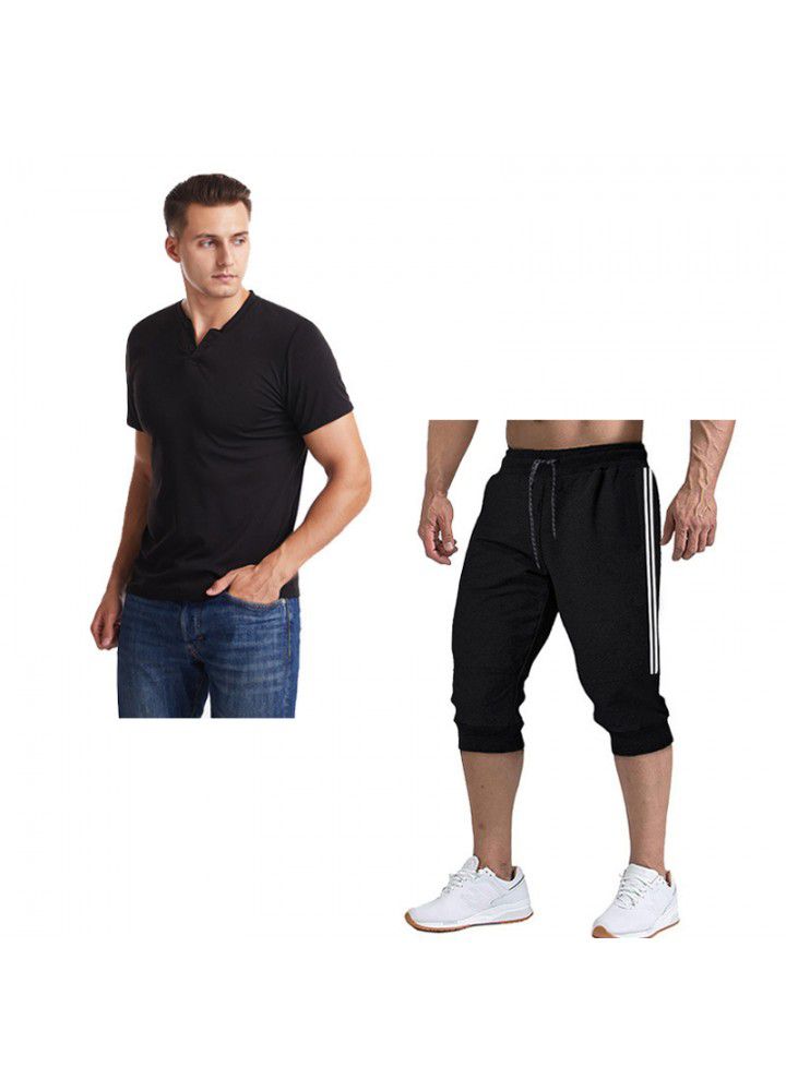 2020 summer cross border foreign trade men's V-neck slim short sleeve T-shirt color matching 7-point pants suit 