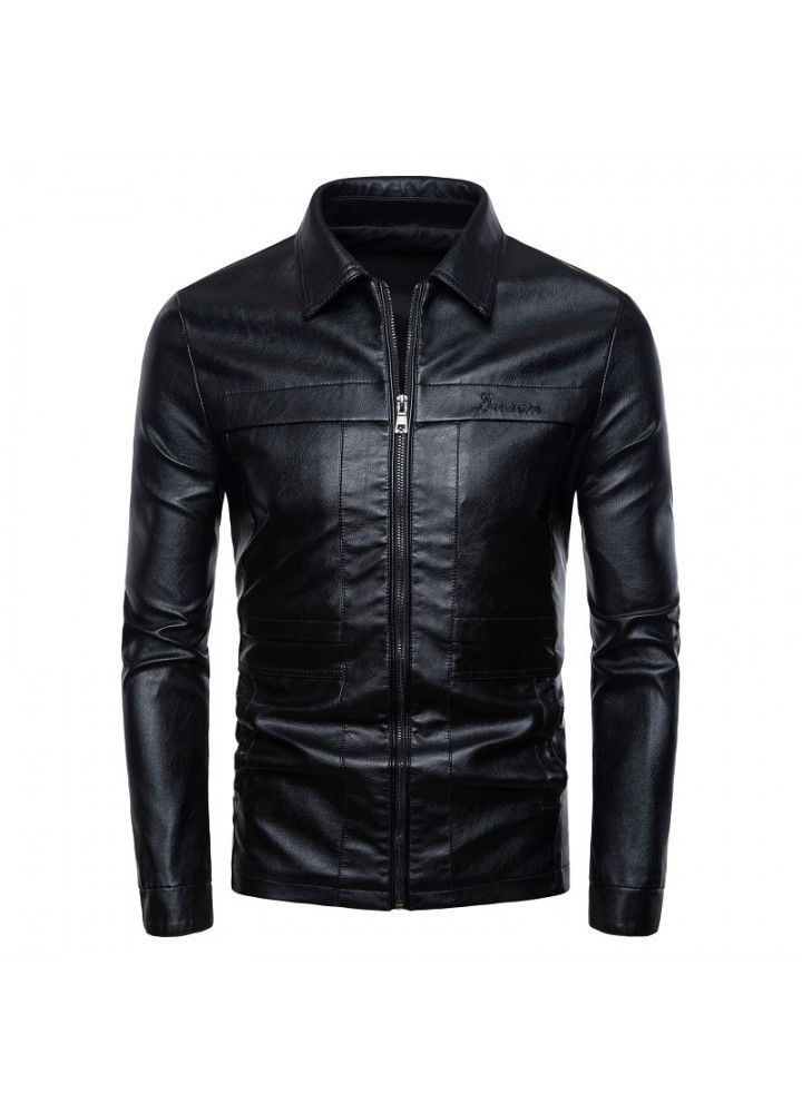 Cross border foreign trade autumn and winter 2019 new men's high quality Korean fashion slim fit locomotive Lapel leather coat