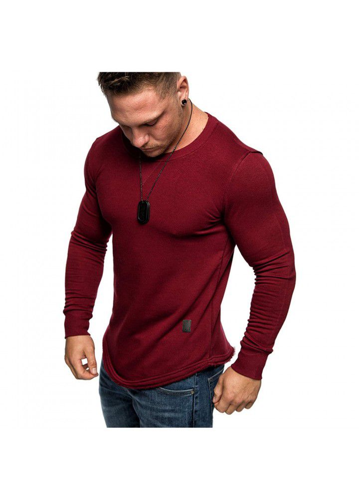 2020 foreign trade men's solid color round neck long sleeve T-shirt splicing personality European and American style long T-shirt European and American size casual wear