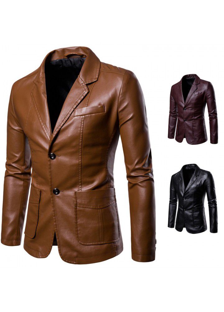 Foreign trade Amazon new men's slim Lapel versatile Pu Blazer men's Lapel leather suit men's coat