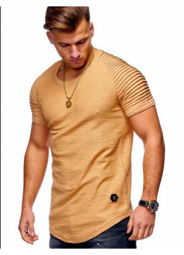 2019 summer new men's T-shirt stripe pleated raglan sleeve design round neck Pullover short sleeve factory direct supply