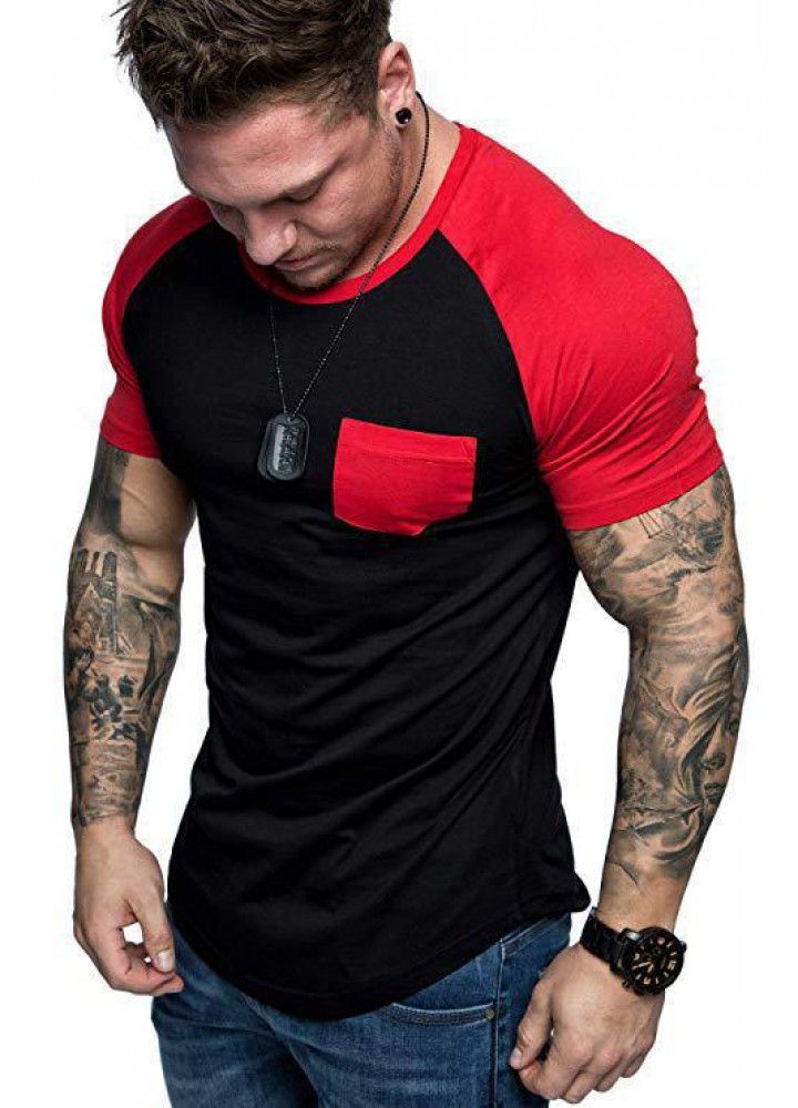 Amazon cross border new European and American men's raglan sleeve patch bag color matching fashion sports short sleeve manufacturer direct sales