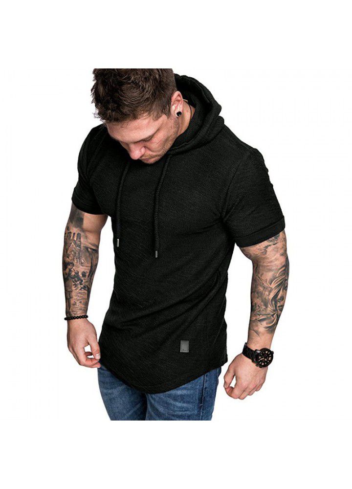 Amazon foreign trade new men's slub cotton T-shirt Hoodie leisure sports short sleeve t-shirt men's short sleeve