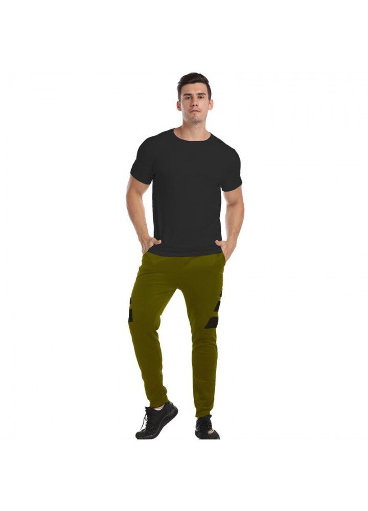 Summer new men's casual European and American men's T-shirt set solid round neck men's T-shirt + color matching sports pants