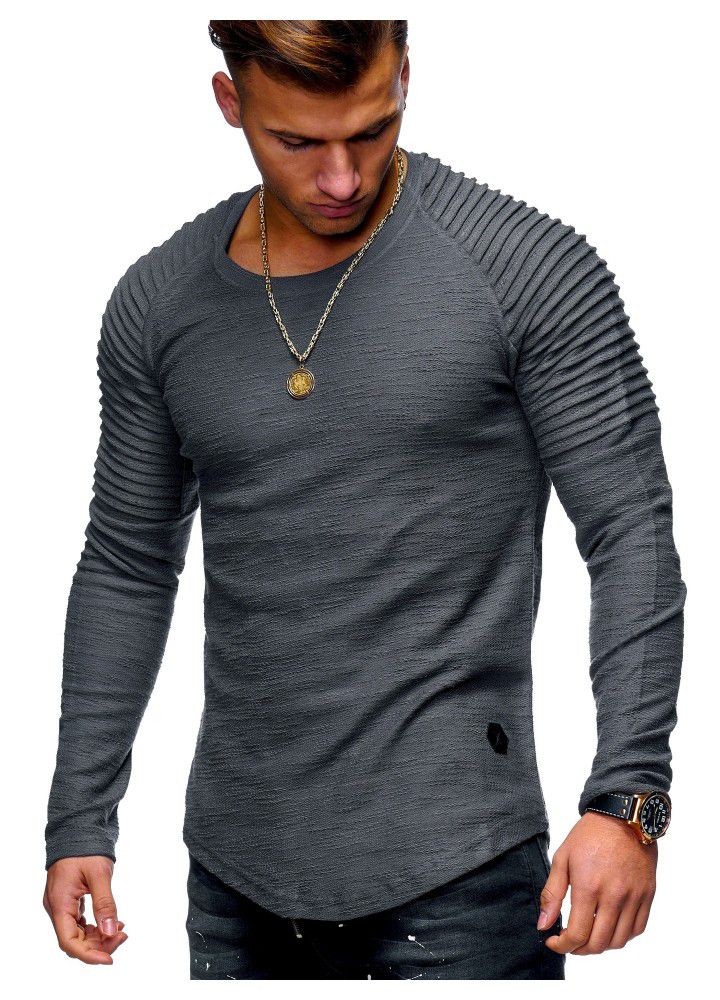 Factory direct supply 2018 Europe and the United States new men's stripe pleated slim solid color long sleeve T-shirt 3003