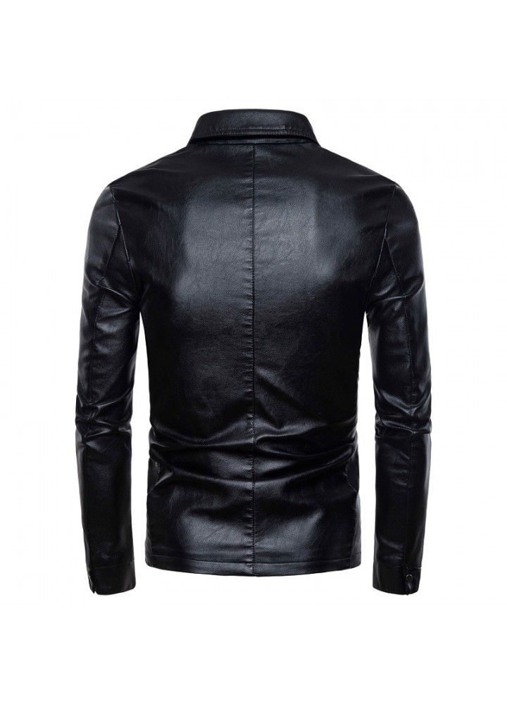 Cross border foreign trade autumn and winter 2019 new men's high quality Korean fashion slim fit locomotive Lapel leather coat