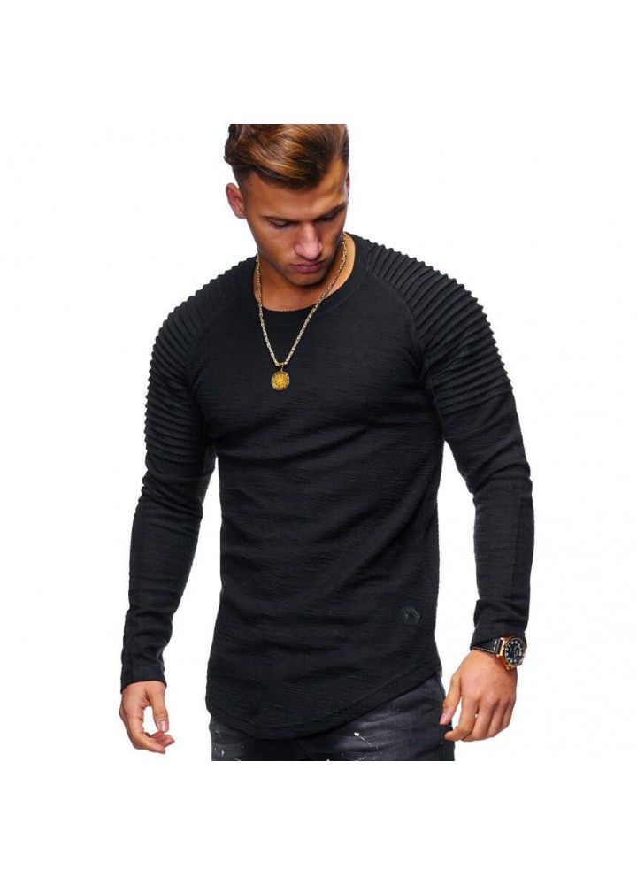 Manufacturers wholesale spring men's round neck slim long sleeve bottoming shirt pleated Raglan long sleeve t-shirt men