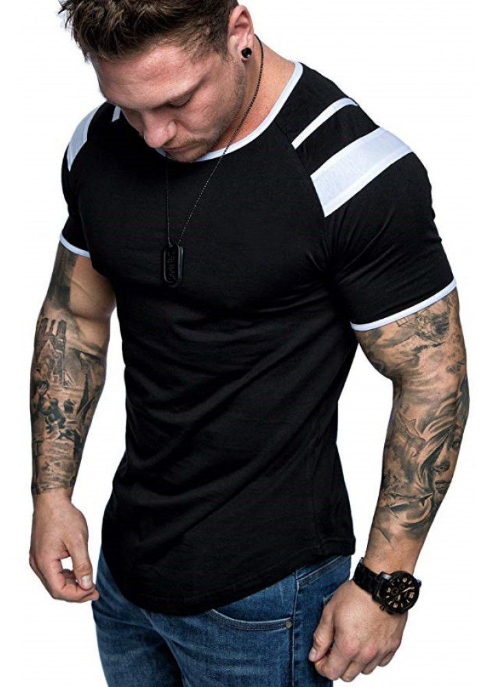New summer men's short sleeve round neck shoulder color matching casual men's pure cotton T-shirt