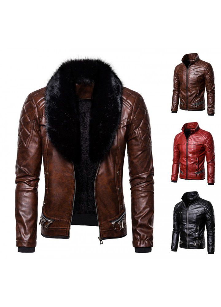 Foreign trade red men's punk detachable wool collar Rivet Press cotton thick windproof locomotive leather jacket jacket men's coat