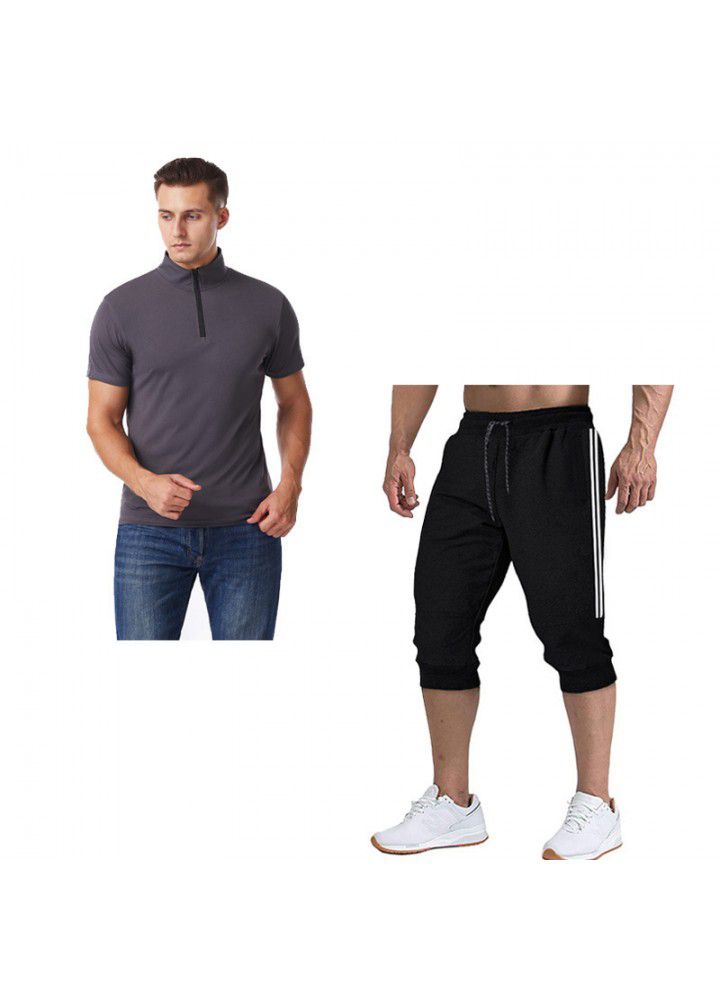 2020 summer cross border foreign trade men's V-neck slim short sleeve T-shirt color matching 7-point pants suit 