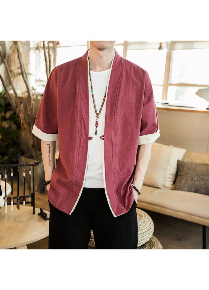 Foreign trade Amazon Chinese style coat 5-sleeve men's Tang suit retro button cardigan kimono ancient Zen suit