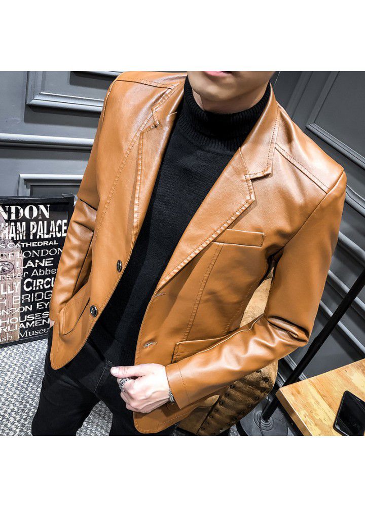 2019 spring new suit collar PU leather suit men's slim Lapel casual suit coat leather jacket men