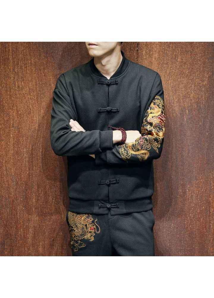 Foreign trade autumn and winter men's Chinese style jacket youth large size Baseball Jacket coil button dragon embroidery plate jacket