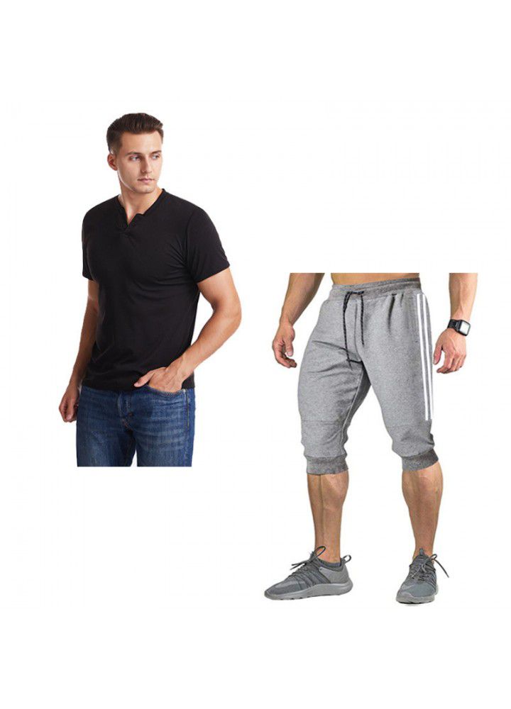 2020 summer cross border foreign trade men's V-neck slim short sleeve T-shirt color matching 7-point pants suit 