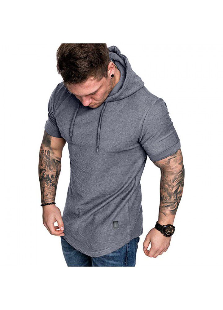 Amazon foreign trade new men's slub cotton T-shirt Hoodie leisure sports short sleeve t-shirt men's short sleeve