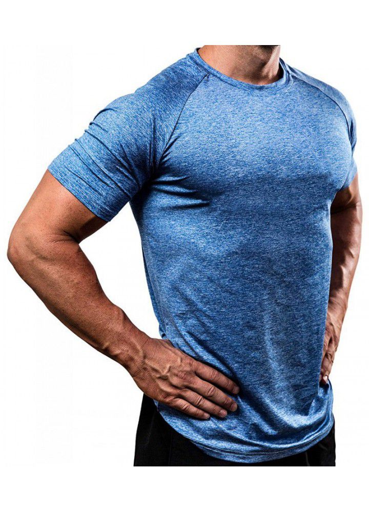 Amazon cross border solid color European and American fitness clothes men's fast drying and breathable training high elastic tights short sleeve sports T-shirt