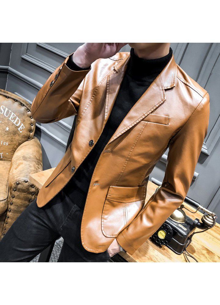 2019 spring new suit collar PU leather suit men's slim Lapel casual suit coat leather jacket men