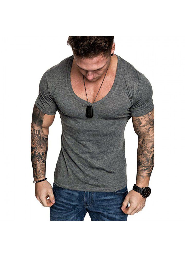2021 summer foreign trade wholesale men's T-shirt Europe and America solid color V-neck Pullover men's leisure sports T-shirt short sleeve T-shirt