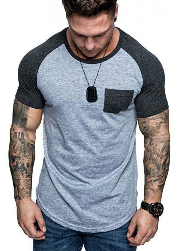 Amazon cross border new European and American men's raglan sleeve patch bag color matching fashion sports short sleeve manufacturer direct sales