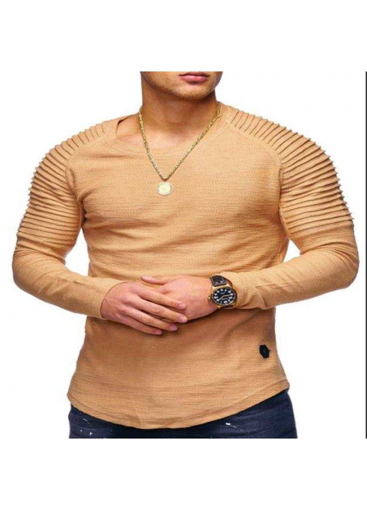 Factory direct supply 2018 Europe and the United States new men's stripe pleated slim solid color long sleeve T-shirt 3003