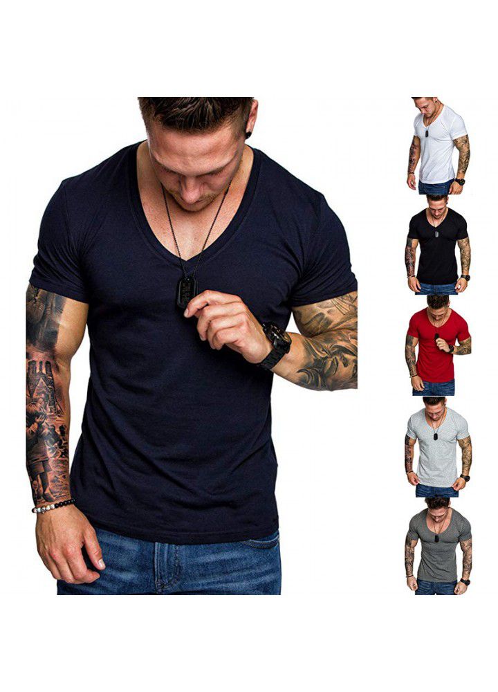 2021 summer foreign trade wholesale men's T-shirt Europe and America solid color V-neck Pullover men's leisure sports T-shirt short sleeve T-shirt