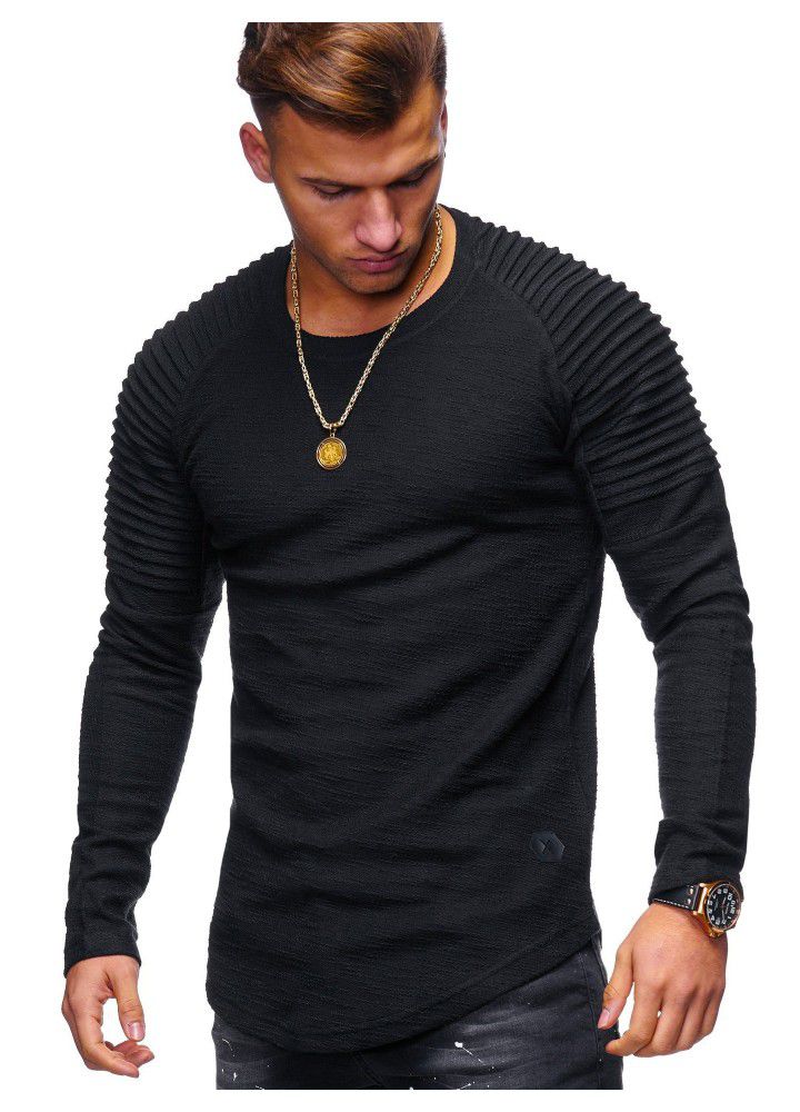 Factory direct supply 2018 Europe and the United States new men's stripe pleated slim solid color long sleeve T-shirt 3003