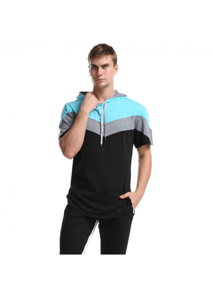 Cross border hot spring men's wear Europe and America color matching men's T-shirt three color stitching hooded short sleeve base shirt in 2020