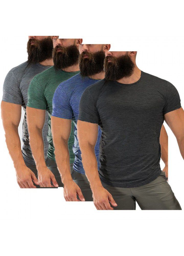 Cross border men's summer high elastic fitness running exercise round neck men's T-shirt leisure fashion brand sports short sleeve