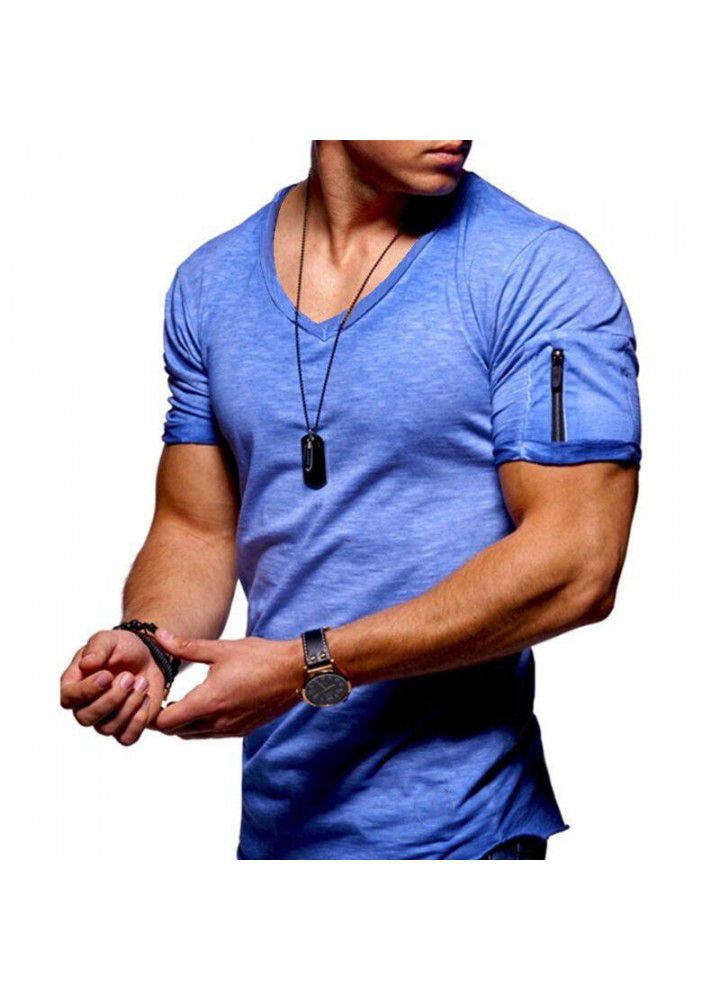 2019 Amazon new large men's short sleeve European and American V-neck t-shirt men's solid color slim bottomed shirt