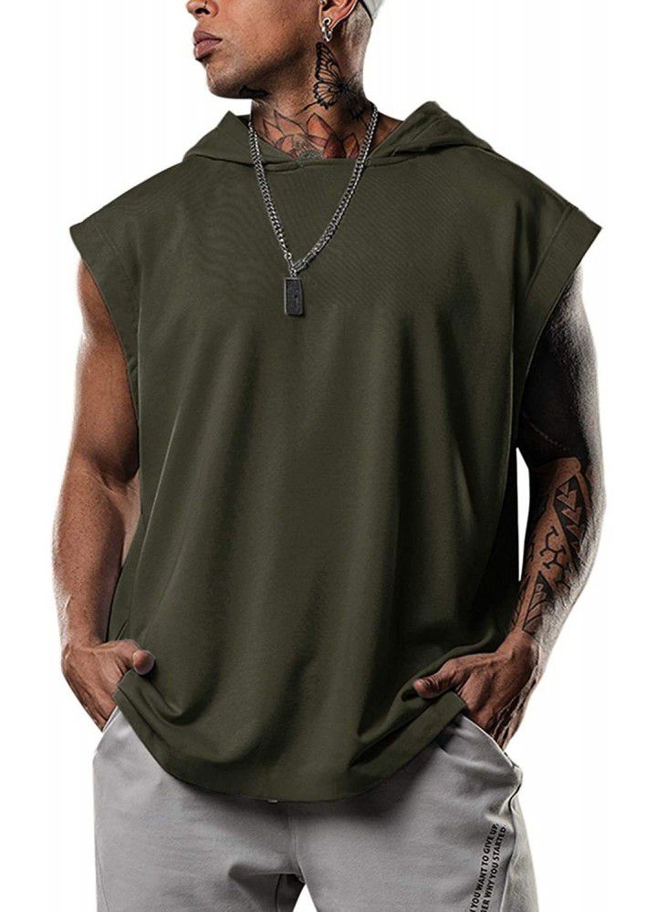 2021 summer men's fitness training Pullover sports leisure European and American fashion sleeve Hooded Vest loose solid color vest