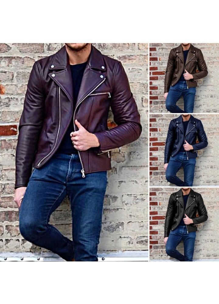 Wish foreign trade men's leather jacket European and American leather jacket lapel PU leather short casual men's fashion Motorcycle Jacket