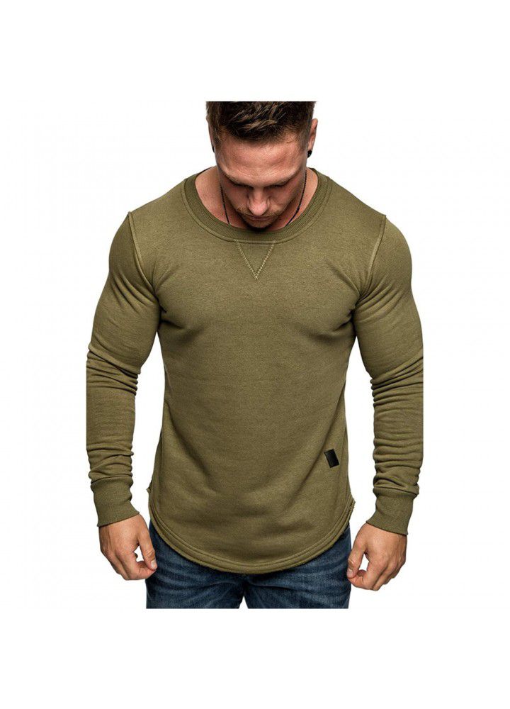 2020 foreign trade men's solid color round neck long sleeve T-shirt splicing personality European and American style long T-shirt European and American size casual wear